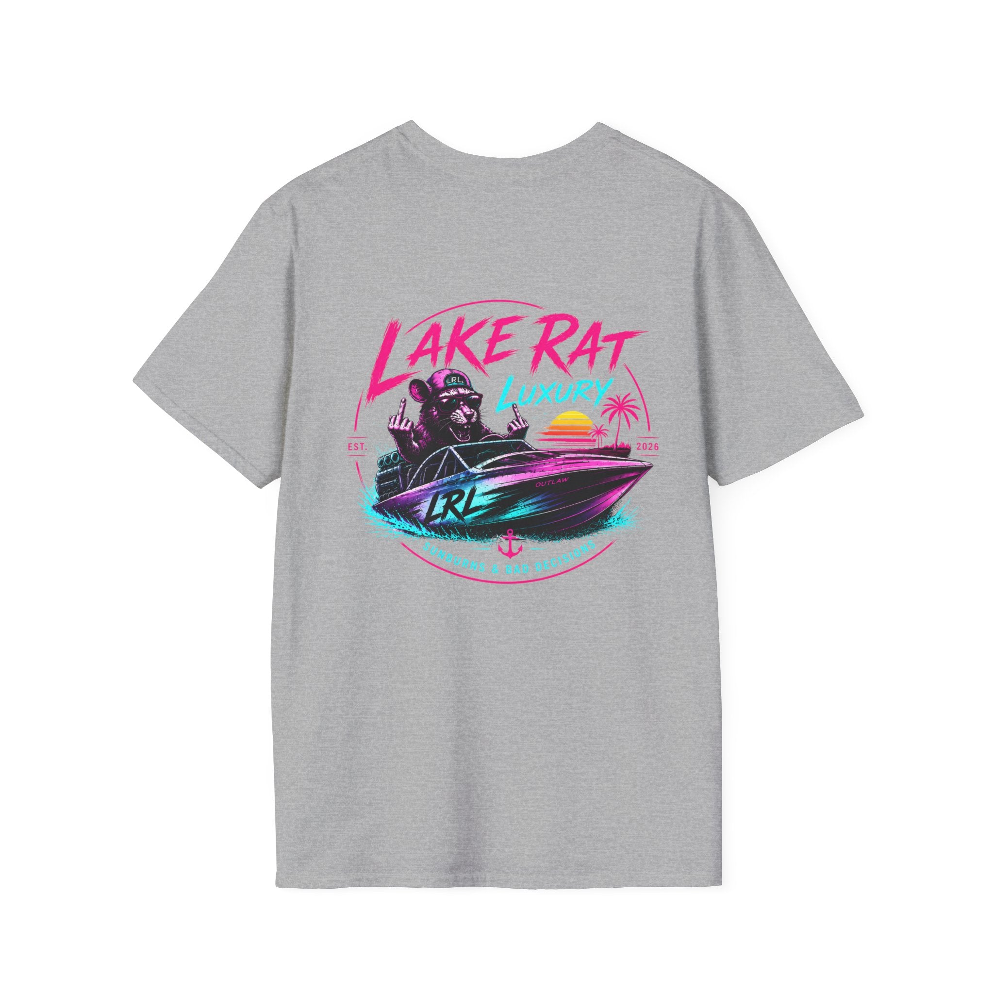 Pink n Purple Dock Trash Lake Rat Luxury Tee — Neon Cigarette Boat & Sandbar Party Shirt