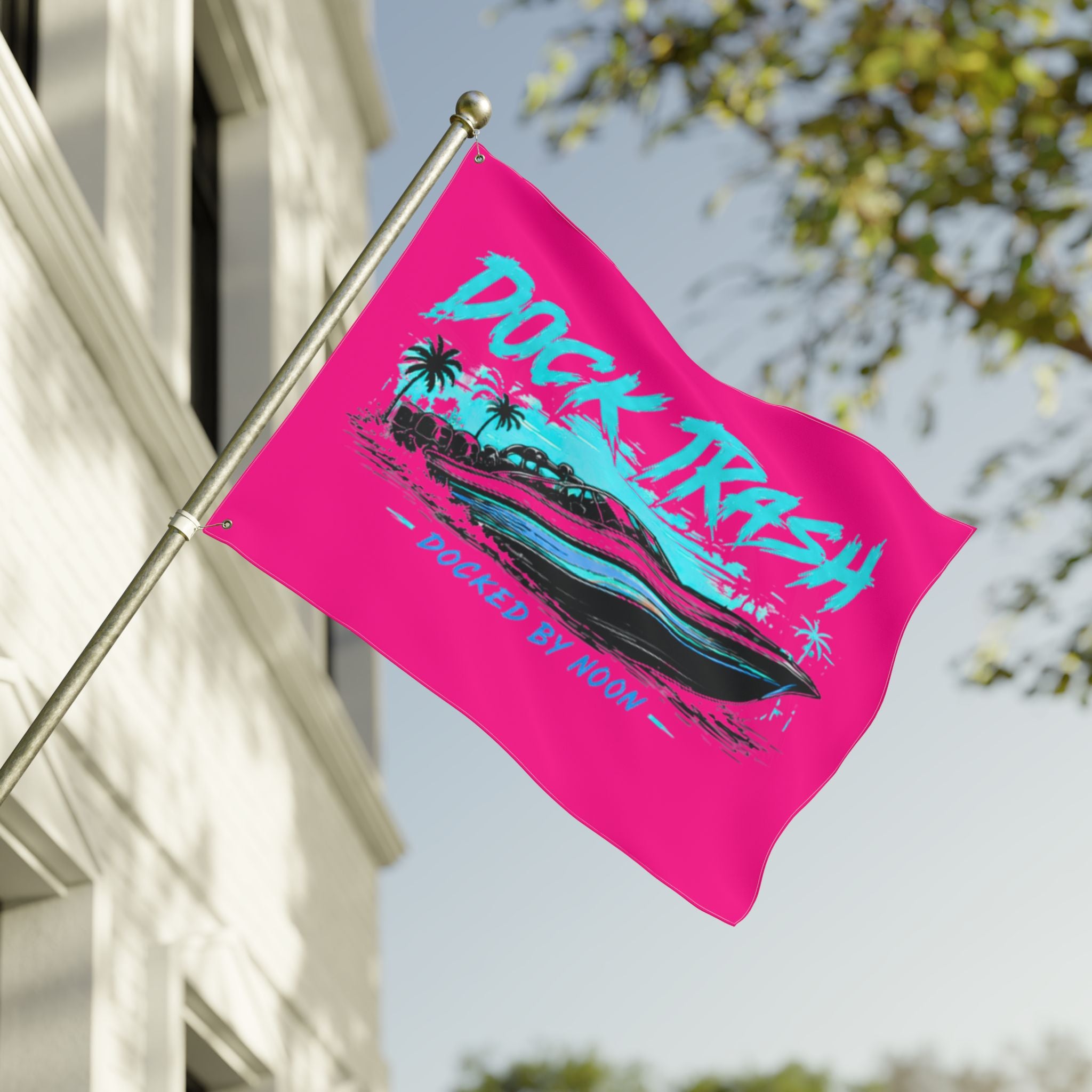 Dock Trash Docked By Noon Boat Flag | Neon Pink Lake Flag | Funny Boat Party Flag