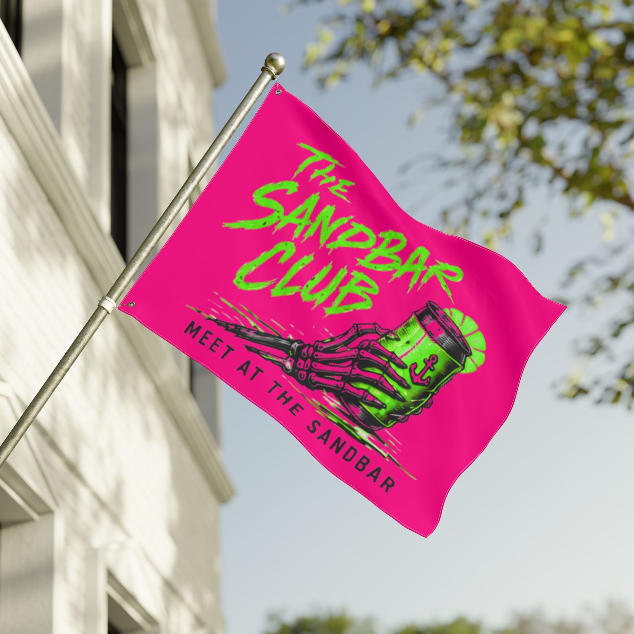 Double-Sided Flag — “Meet at the Sandbar Club” Pink & Green Beach Flag