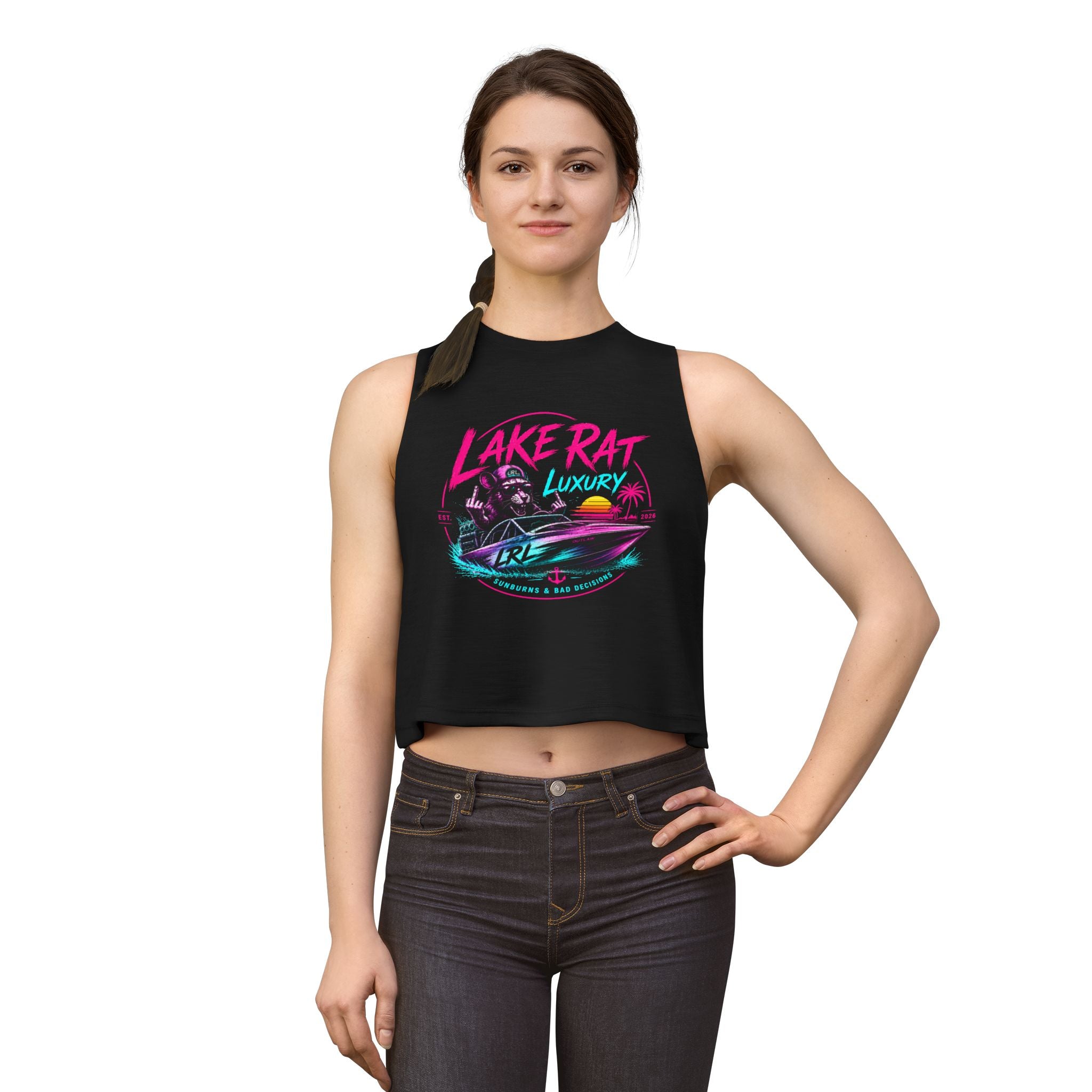 Lake Rat Luxury Boat Crop Top — Women's Retro Neon Boatlife Graphic