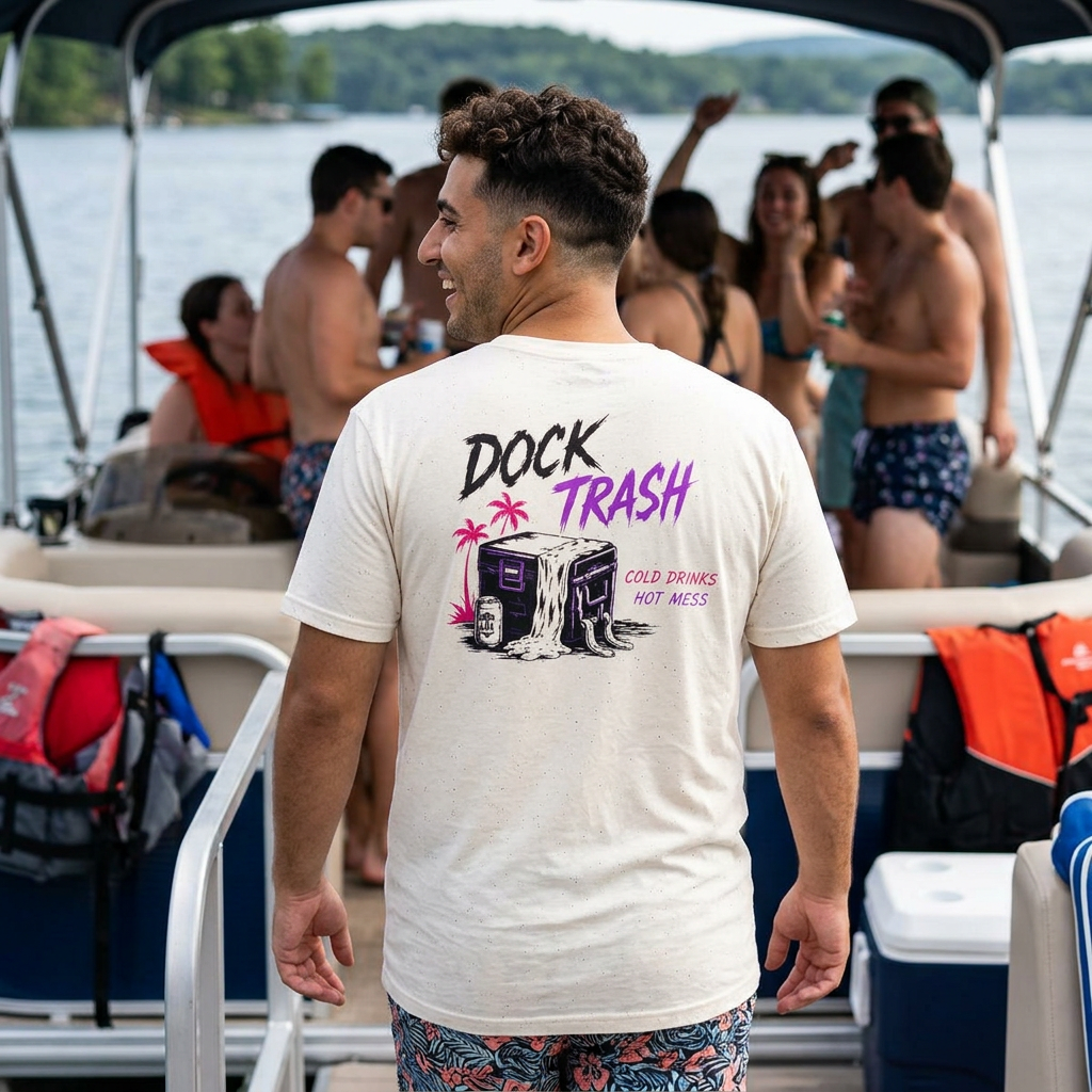 Pink n Purple Dock Trash Lake Rat Luxury Tee — Neon Cigarette Boat & Sandbar Party Shirt
