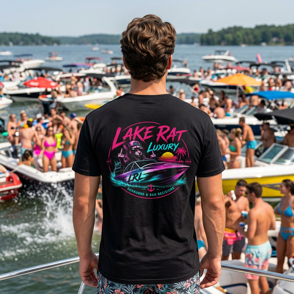 Pink n Purple Dock Trash Lake Rat Luxury Tee — Neon Cigarette Boat & Sandbar Party Shirt