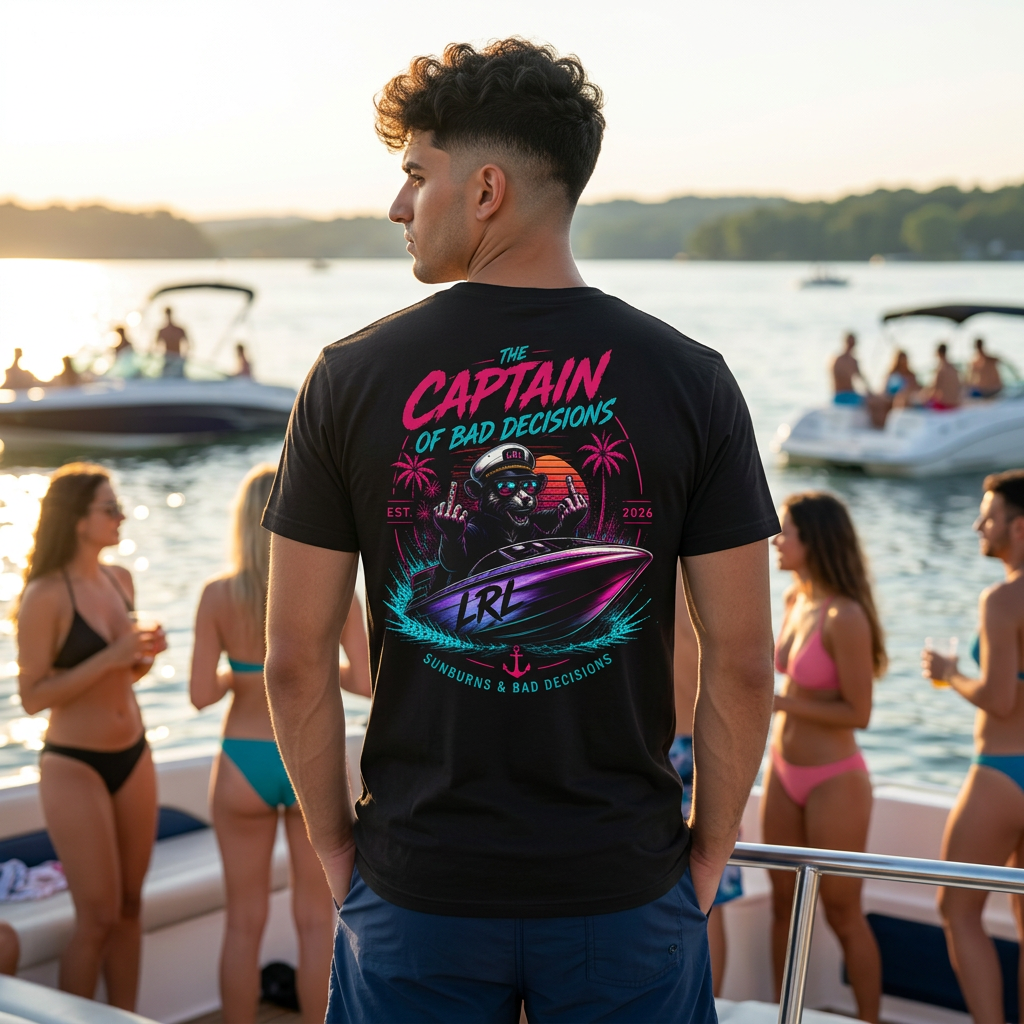 Captain of Bad Decisions Lake Rat T-Shirt — Funny Neon Boat Dad Tee