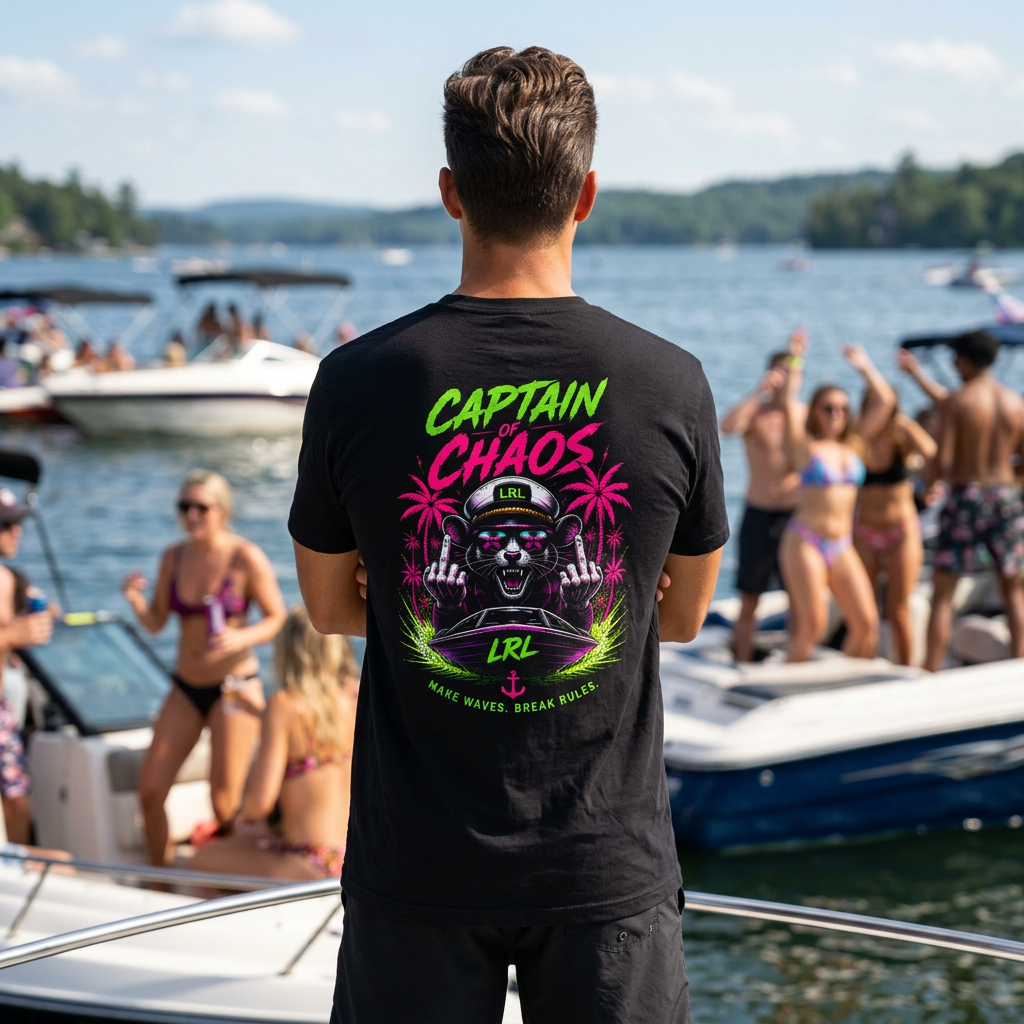 Captain of Chaos Neon Boat Captain T-Shirt — Funny Lake Dad Shirt