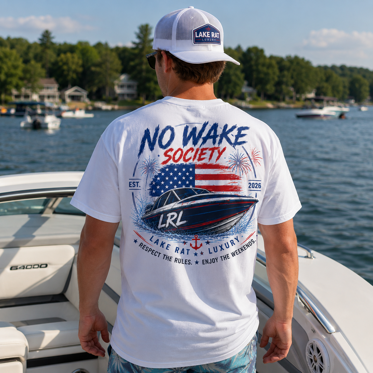 Lake Rat Luxury Cigarette Boat T-Shirt — Patriotic Fourth of July Boat Shirt
