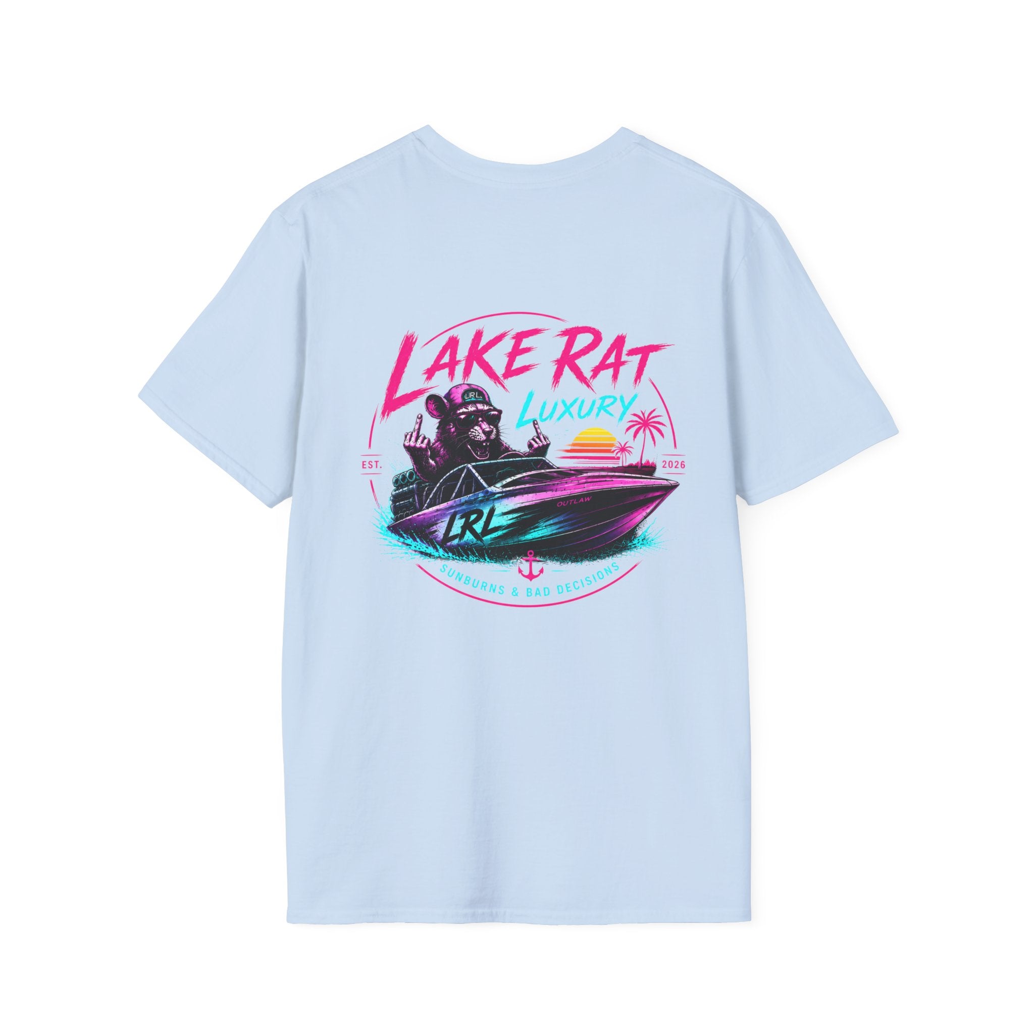 Pink n Purple Dock Trash Lake Rat Luxury Tee — Neon Cigarette Boat & Sandbar Party Shirt