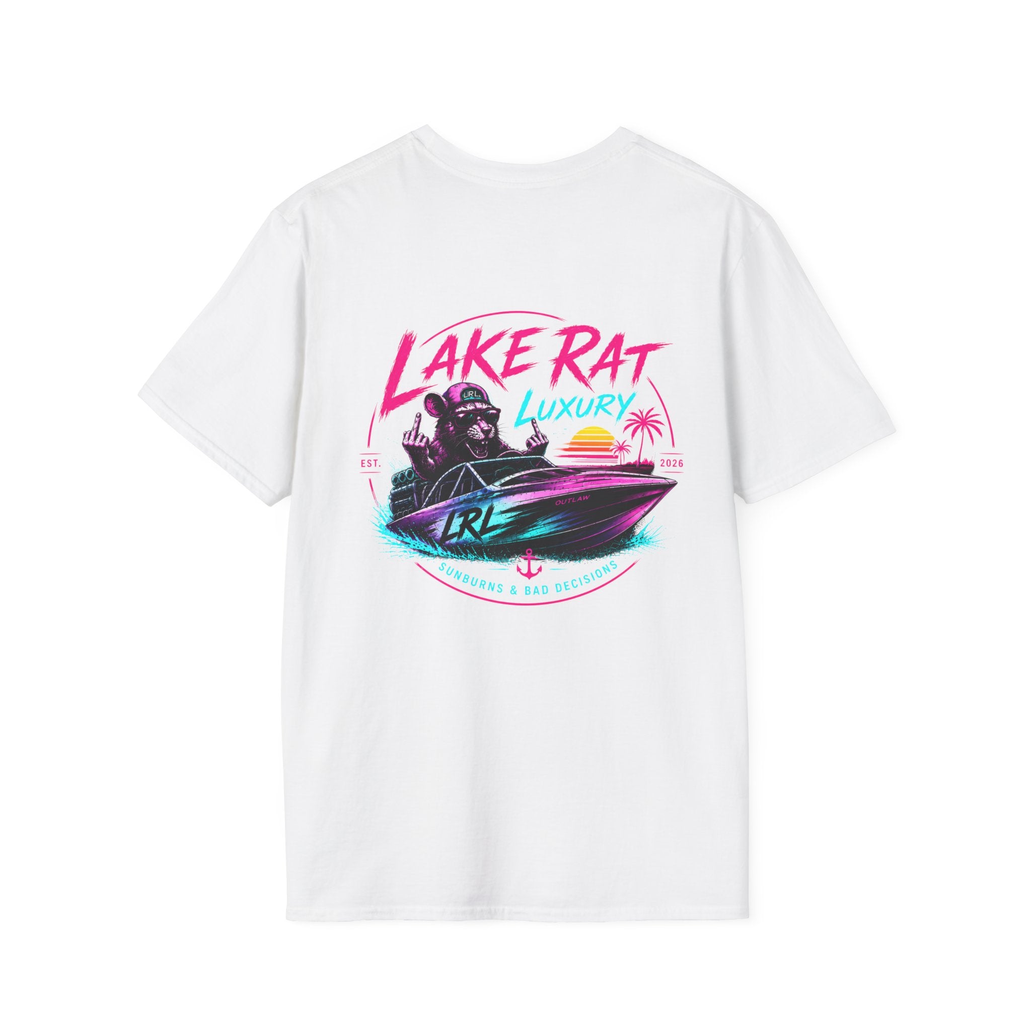 Pink n Purple Dock Trash Lake Rat Luxury Tee — Neon Cigarette Boat & Sandbar Party Shirt